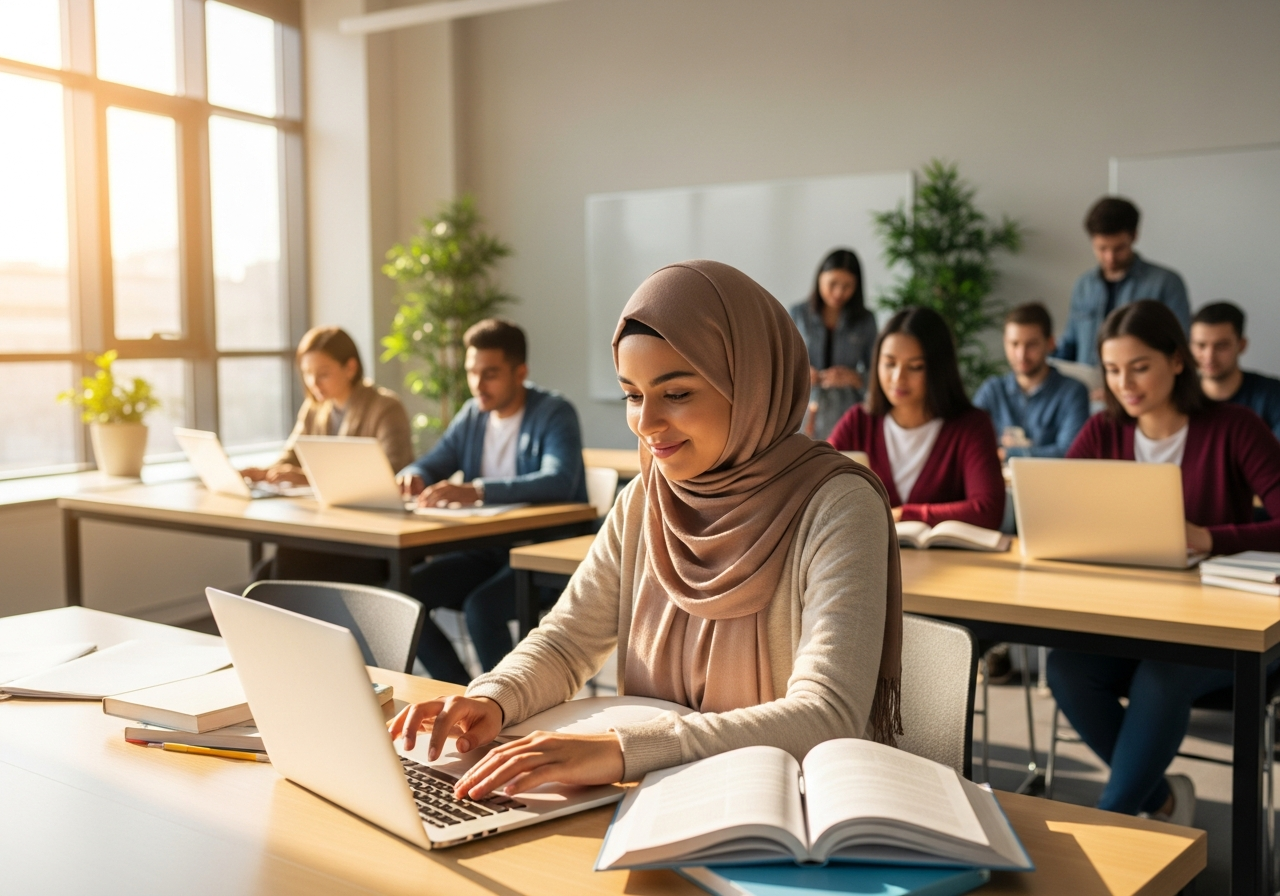 طالبة عربية تدرس في معهد لغة دولي معتمد